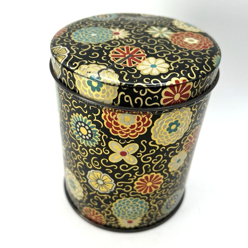 Vintage Butter Crunch Metal Tin Black Red Teal Gold Floral 5" Retro MCM